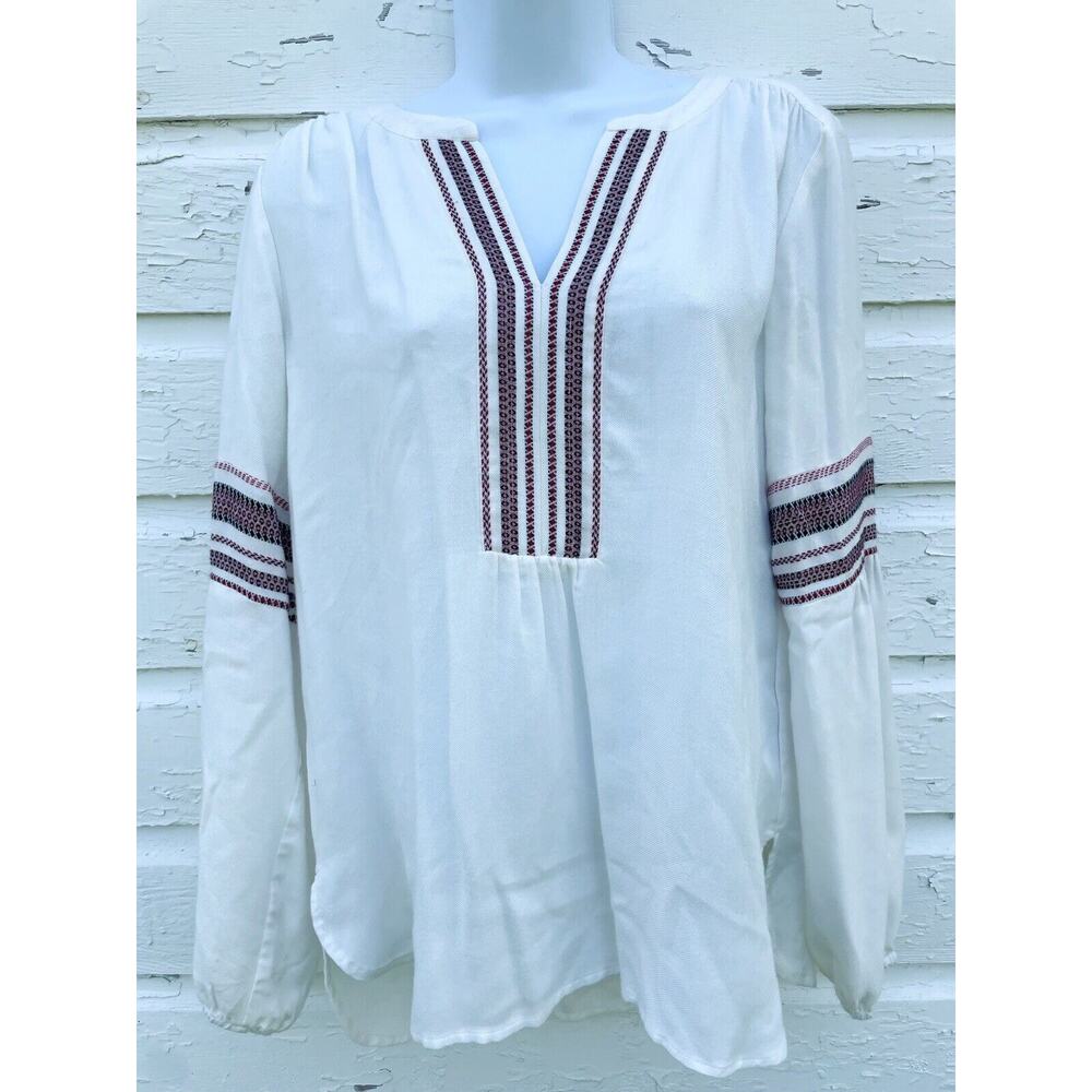 LOFT Blouse Top Womens XS Ivory Peasant V-Neck Boho Embroidery Bloused Sleeves